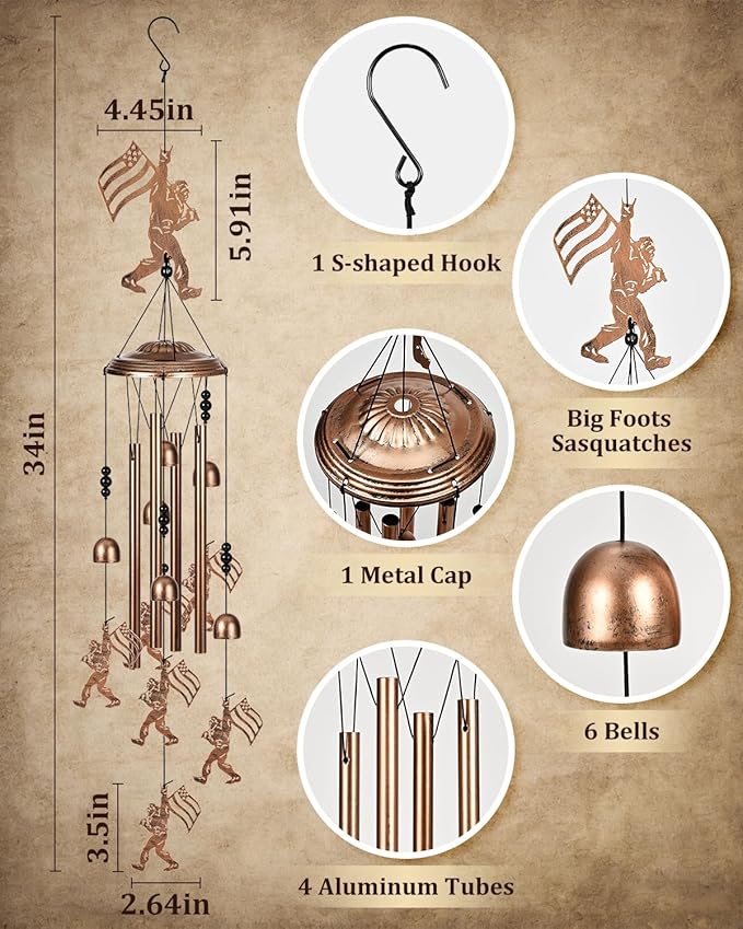 Bigfoot Wind Chimes for Outside Decor, Big Foot Sasquatch Birthday Gifts for Women Mom Sister, 34 Inch Aluminum Windchimes Outdoor for 4th of July Independence Day Decoration