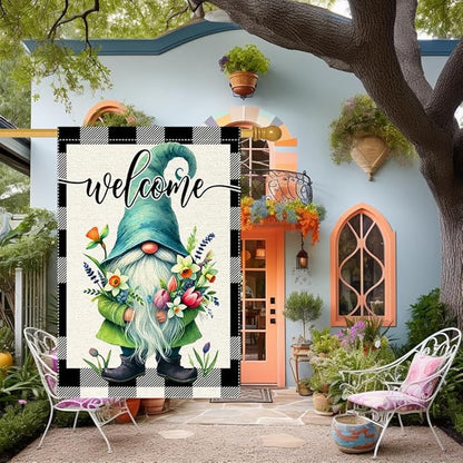Welcome Spring Summer Gnome Garden Flag Colorful Floral Buffalo Plaid Garden Flags Small Burlap Lawn Seasonal Wildflowers Home Flags Outside Yard 28x40 Inch Double Sided (RMQ-198D, 28"X40")