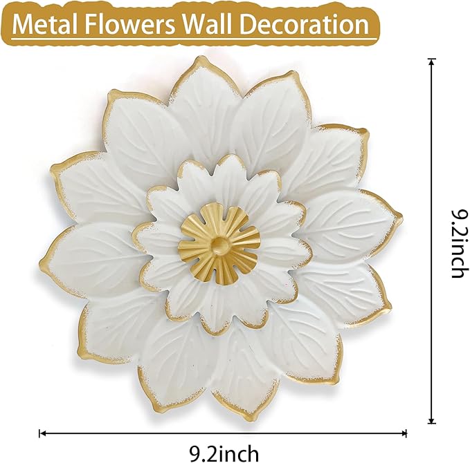 LIFFY 9.2“ White and Gold Metal Flower Wall Art, Modern Rustic Floral Decor for Indoor Living Room Bedroom Office Outdoor Garden Patio Yard