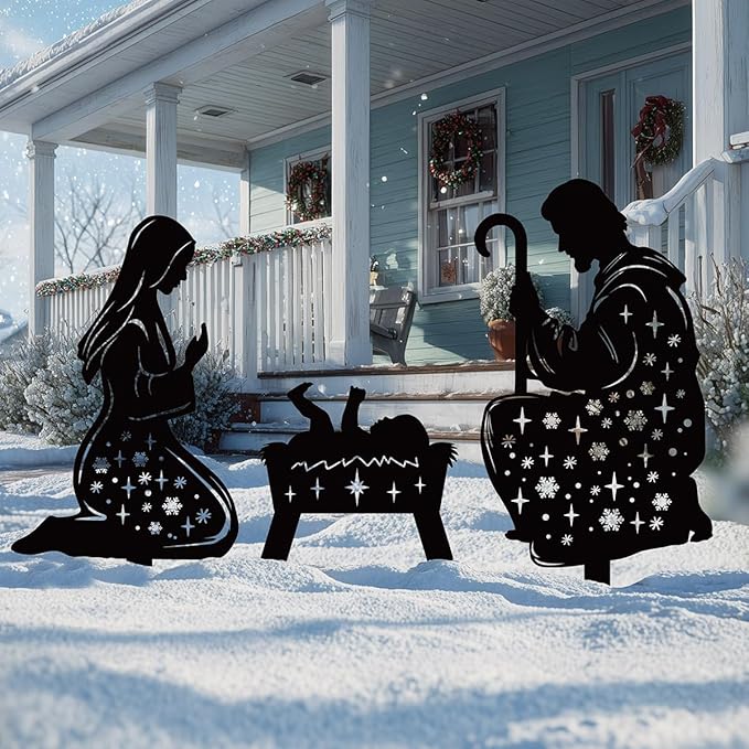 Metal Nativity Scene Outdoor Christmas Decorations, 17” Nativity Silhouette Outdoor Nativity Scene Set, Weather Resistant Outside Nativity Scene Outdoor Yard Stakes for Yard Lawn Garden Pathway