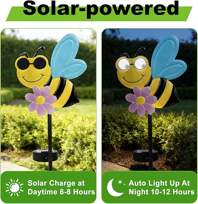 Rngmsi Garden Solar Lights Dynamic Eyes, Bee Solar Garden Lights Stake Outdoor Decorations, LED Lighting Bee Decor Gifts for Patio Yard Pathway Lawn Ornaments