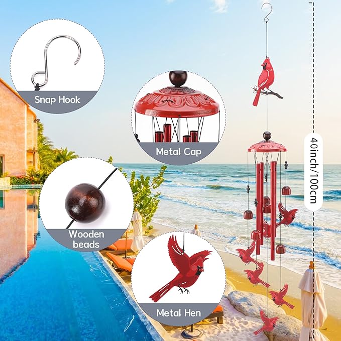 Cardinal Wind Chimes for Outside - Christmas Outdoors Cardinal Gifts Metal Inspirational Christian Windchimes with Greeting Cards Garden Decor Sympathy Memorial Yard Gifts for Christmas New Year