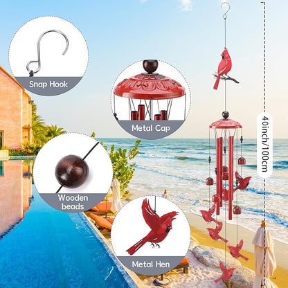 Cardinal Wind Chimes for Outside - Christmas Outdoors Cardinal Gifts Metal Inspirational Christian Windchimes with Greeting Cards Garden Decor Sympathy Memorial Yard Gifts for Christmas New Year