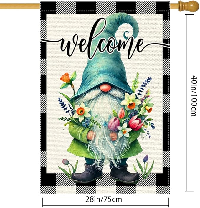 Welcome Spring Summer Gnome Garden Flag Colorful Floral Buffalo Plaid Garden Flags Small Burlap Lawn Seasonal Wildflowers Home Flags Outside Yard 28x40 Inch Double Sided (RMQ-198D, 28"X40")