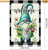 Welcome Spring Summer Gnome Garden Flag Colorful Floral Buffalo Plaid Garden Flags Small Burlap Lawn Seasonal Wildflowers Home Flags Outside Yard 28x40 Inch Double Sided (RMQ-198D, 28"X40")