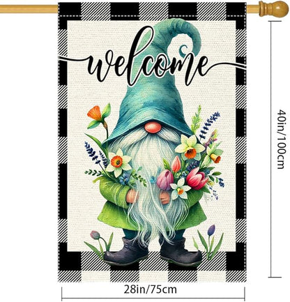 Welcome Spring Summer Gnome Garden Flag Colorful Floral Buffalo Plaid Garden Flags Small Burlap Lawn Seasonal Wildflowers Home Flags Outside Yard 28x40 Inch Double Sided (RMQ-198D, 28"X40")