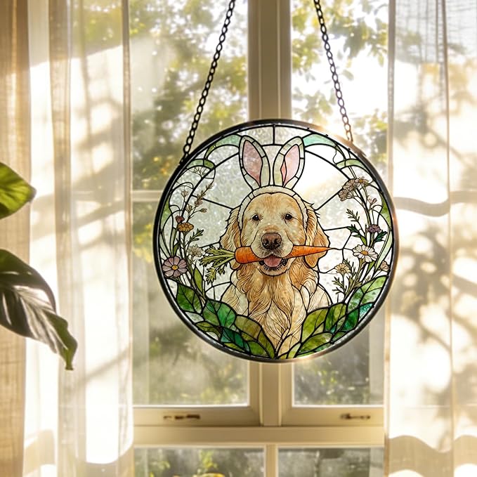 Easter Carrot Golden Retriever Stained Glass Window Hanging, Spring Flower Bunny Ear Dog Suncatcher Indoor Window Glass Round Wall Art Decor, 7.9x7.9 Inch