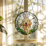 Easter Carrot Golden Retriever Stained Glass Window Hanging, Spring Flower Bunny Ear Dog Suncatcher Indoor Window Glass Round Wall Art Decor, 7.9x7.9 Inch