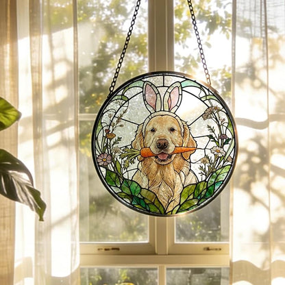 Easter Carrot Golden Retriever Stained Glass Window Hanging, Spring Flower Bunny Ear Dog Suncatcher Indoor Window Glass Round Wall Art Decor, 7.9x7.9 Inch