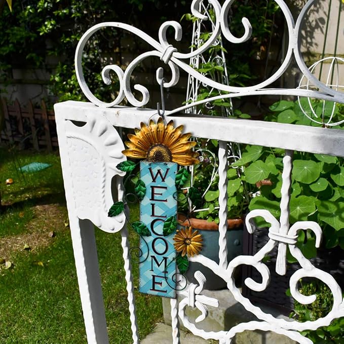 Attraction Design Welcome Sign for Front Door Decor Hanging Sign, Metal Flower Welcome Door Sign Wall Art Decor Hanging for Indoor Outdoor Patio Garden Yard Sign Porch Decoration 15.25X8.5In (B)