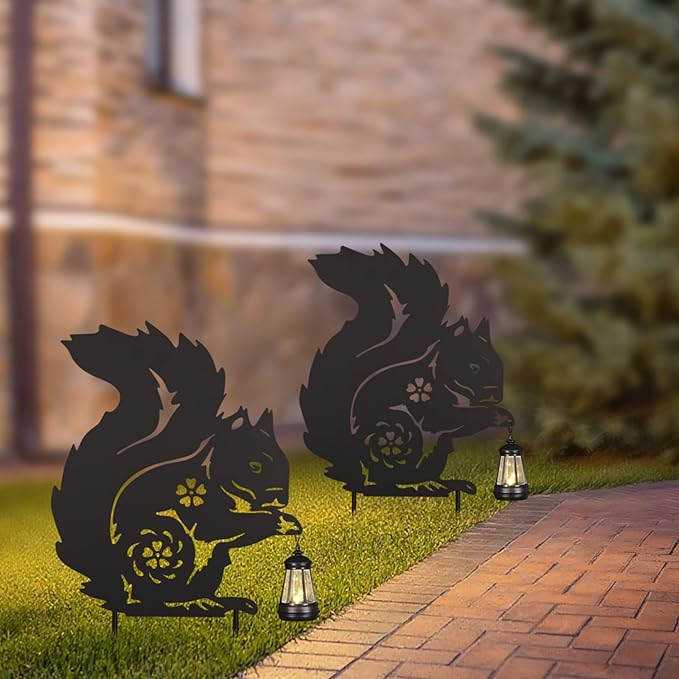 Solar Garden Stake Decorative Lantern for Outdoor, 2 Pack Metal Squirrels Silhouette Lights for Lawn, Pathway, Patio, Yard Outdoor Decor Gifts for Women Mom and Grandma