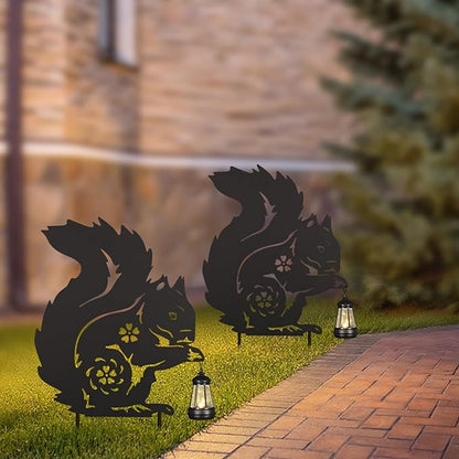Solar Garden Stake Decorative Lantern for Outdoor, 2 Pack Metal Squirrels Silhouette Lights for Lawn, Pathway, Patio, Yard Outdoor Decor Gifts for Women Mom and Grandma