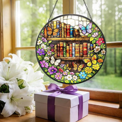 Butterfly Bookshelf Stained Glass Window Hanging – Round Floral Suncatcher with Chain, Colorful Glass Ornament for Reading Room Home Garden Decor Gift, 8 Inch