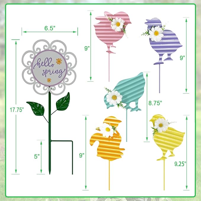 Metal Chicken Yard Art,6 Pack Chicken Sign Garden Stakes,Easter Chicks Decorative Outdoor,Patio,and Lawn Ornaments,Spring Gifts for Women