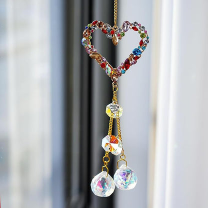 Heart-Shaped Colorful Crystal Rhinestones Suncatcher Window Hang Pendant, Rainbow Crystal Drops Ball Prisms Imitation Jewellery Ornament Gift
