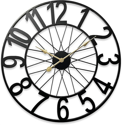 Large Wall Clock, Modern Black Decorative Wall Clock Silent Non Ticking Battery Operated, 24 Inch Wheel Metal Clock for Outdoor Covered Patio, Pool Area, Living Room, Farmhouse, Kitchen
