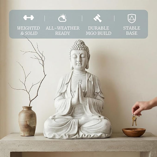 Sculptures Buddha Statue, Garden Statues 23.6 Inch Tall, Large Magnesium Oxide Praying Buddha Sculpture Indoor & Outdoor, Spiritual Statue for Home Decor Yard Porch Patio, White