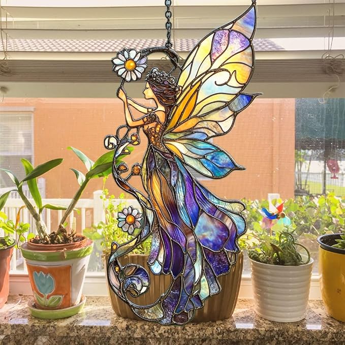 Fairy Acrylic Suncatcher Stained Glass Effect Window Car Hanging Christmas Ornament Indoor Outdoor Decor Garden Sun Catcher Panel for Acrylic Suncatcher Lover for Women Mom Grandma