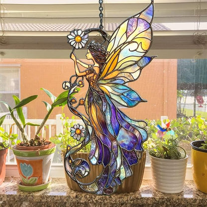 Fairy Acrylic Suncatcher Stained Glass Effect Window Car Hanging Christmas Ornament Indoor Outdoor Decor Garden Sun Catcher Panel for Acrylic Suncatcher Lover for Women Mom Grandma
