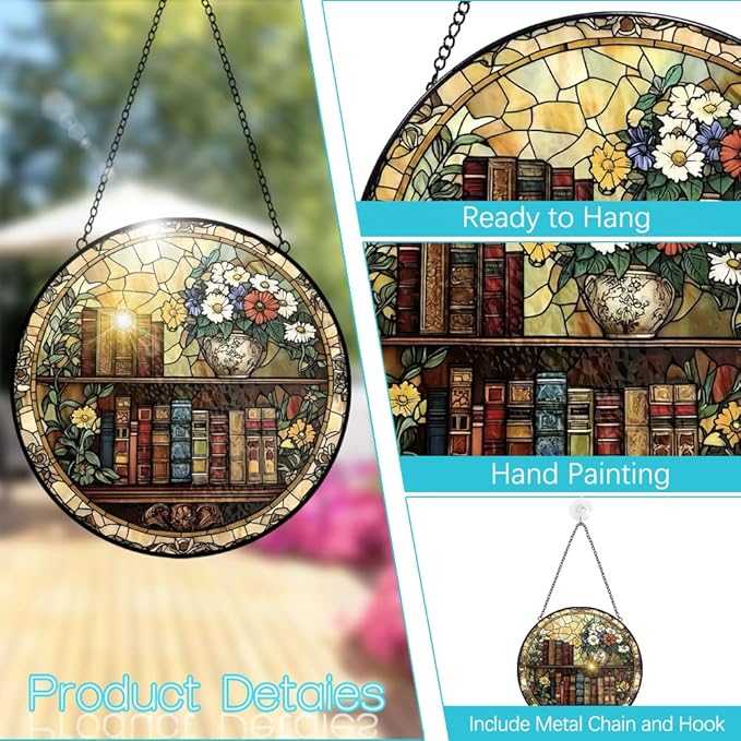 Book Stained Glass Suncatcher Ornament, Stained Glass Window Hanging, Sun Catchers Indoor Window, Suncatchers for Windows Hanging, Home Garden Decor Glass Panel, Bookish Gifts for Women Reader Lovers