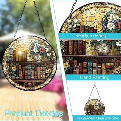 Book Stained Glass Suncatcher Ornament, Stained Glass Window Hanging, Sun Catchers Indoor Window, Suncatchers for Windows Hanging, Home Garden Decor Glass Panel, Bookish Gifts for Women Reader Lovers