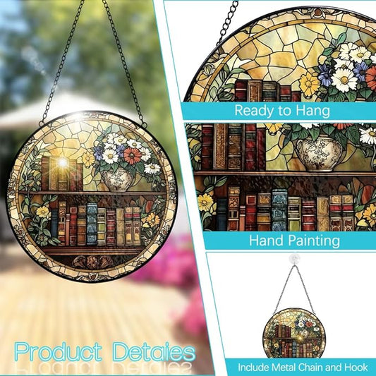Book Stained Glass Suncatcher Ornament, Stained Glass Window Hanging, Sun Catchers Indoor Window, Suncatchers for Windows Hanging, Home Garden Decor Glass Panel, Bookish Gifts for Women Reader Lovers