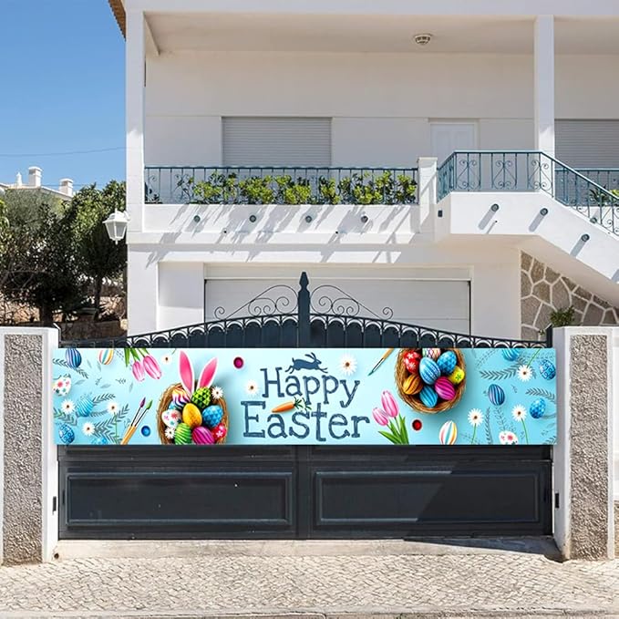 Happy Easter Banner 120" x 20" Outdoor Party Supplies Backdrop Bunny Eggs tulip Easter Banners for Home Decor Outside Indoor Garden Fence Garage Balcony Porch Tree Front Door Decorations