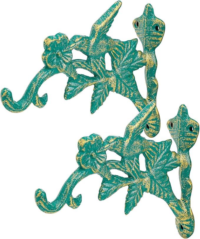 Sungmor Cast Iron Hanging Plant Brackets Decorative Plant Hanger, 2 Pack Green Wall Mounted Flower Pot Hooks, Outdoor Bird Feeder Hanger, Vintage Garden Hooks for Wind Chimes, Lanterns, Birdhouse