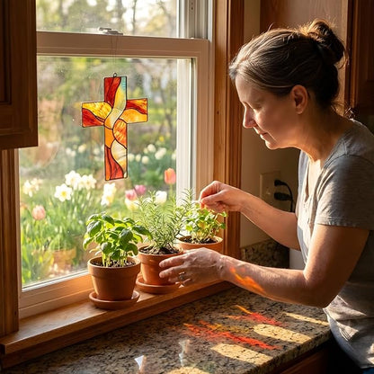 Amber Christian Cross Handmade Resin Suncatchers, Artisan Boho Sun Catcher Stained Glass Effect Window Hanging Garden Decor, Gift for Mother's Day Mom Grandma Wife Women