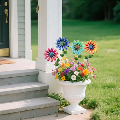 Metal Flowers Garden Stakes Outdoor Decor, 18 inch Shaking Flower Garden Yard Art, Weather Proof Flower Stakes for Yard Lawn Porch Pathway Patio Plant Pot Decorations, 4 Pack (Flower-b-Head)