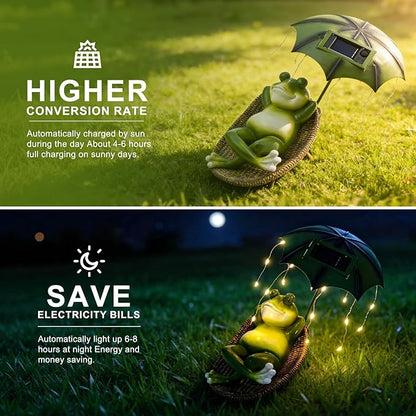 Solar Frog with Umbrella Statue - LED Solar Powered Garden Decor, Auto On/Off Waterproof Resin Outdoor Sculpture for Patio, Yard, Pond, Unique Gardening Gifts for Women & Mom