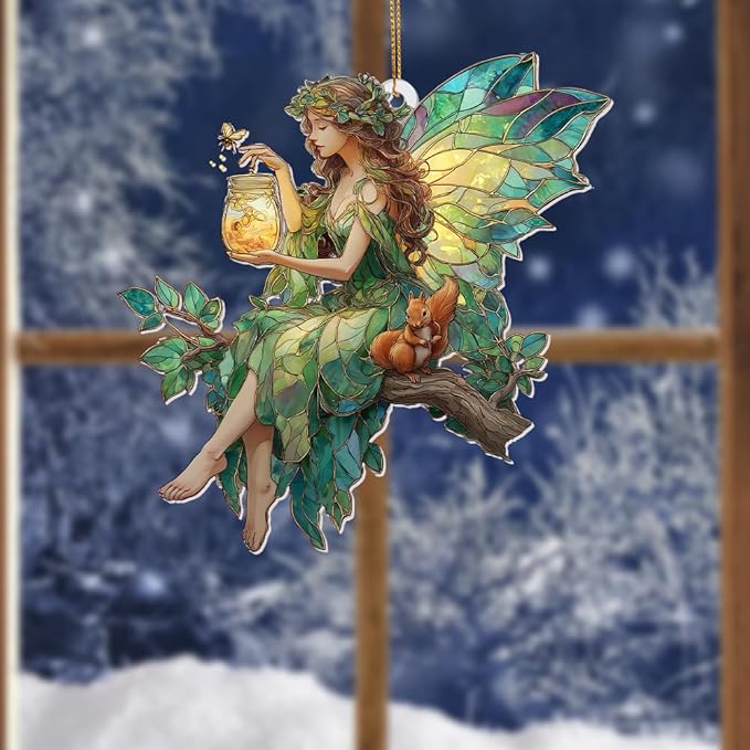 Fairy Stained Glass Acrylic Ornament – Enchanted Forest Fairy with Squirrel, Hanging Window Sun Catcher Decoration, Whimsical Christmas Ornament Gift for Women and Girls (Sun-32)