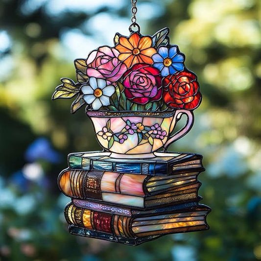 Floral Tea Cups Acrylic Suncatcher Stained Glass Effect Window Car Hanging Christmas Ornament Indoor Outdoor Decor Garden Sun Catcher Panel for Boba Tea Lover for Women Mom Grandma