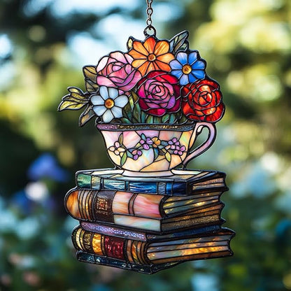 Floral Tea Cups Acrylic Suncatcher Stained Glass Effect Window Car Hanging Christmas Ornament Indoor Outdoor Decor Garden Sun Catcher Panel for Boba Tea Lover for Women Mom Grandma