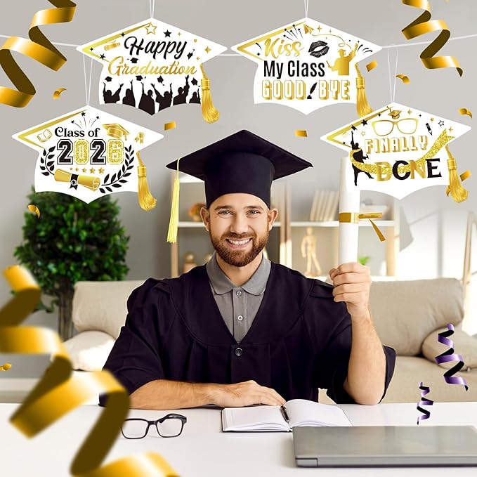 Chunful 12 Pack Graduation Yard Signs Grad Decoration 2026 Happy Graduate Lawn Garden Sign with Stake Congrats Outdoor Plastic Cap Hanging Ornament for Class Pathway Walkway Porch Party(White Gold)