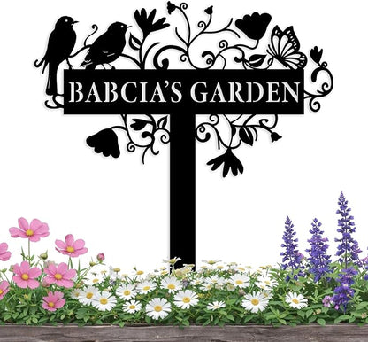 Custom Metal Garden Sign with Flowers, Personalized Garden Metal Stake with Birds, Flower Garden Name Decor, Custom sign for Outside, Customized Gardening Decoration, Yard Art, Gift for Mom, Grandmom