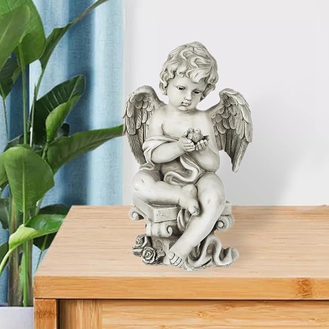 Fenteer Heavenly Statue for Outdoor Lawn Decoration, Angel Holding Bird, 22x34cm