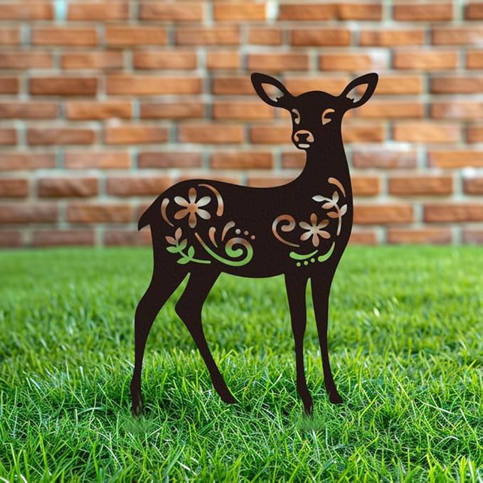 WADORN Deer Metal Outdoor Statues Silhouette, Reindeer Metal Decorative Garden Stakes Funny Animal Flower Silhouette Outdoor Stakes Decor for Garden Hugger Backyard Patio Lawn Art Outdoor Decor