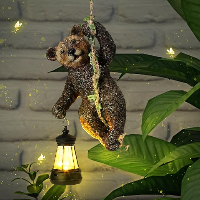 Rossesay 7 Inches Bear Statue Tree Hugger with Solar Light Resin Bear Statue Sign with LED Lantern Waterproof Hanging Figurine with Hook for Christmas Tree Decoration Outdoor Yard Garden (Brown)