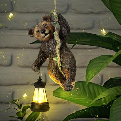 Rossesay 7 Inches Bear Statue Tree Hugger with Solar Light Resin Bear Statue Sign with LED Lantern Waterproof Hanging Figurine with Hook for Christmas Tree Decoration Outdoor Yard Garden (Brown)