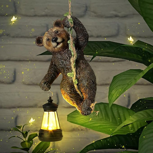 Rossesay 7 Inches Bear Statue Tree Hugger with Solar Light Resin Bear Statue Sign with LED Lantern Waterproof Hanging Figurine with Hook for Christmas Tree Decoration Outdoor Yard Garden (Brown)