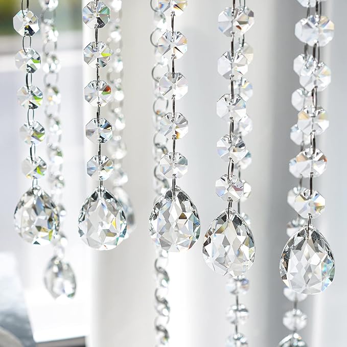 KANPURA 1ft Clear Crystal Bauhinia Prism Beads Strands for Chandelier Garland Gem Octagon Bead Chains Hanging Decorations for Christmas Winter Party Centerpiece(10 Pack)