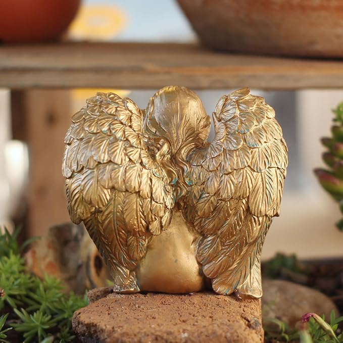 Angel Garden Statue, Sitting Angel Sculpture, Resin Angel with Bird Figurine for Patio Yard Porch Lawn Outdoor Decor Home Shelf Sitter Memorial Spiritual Gifts (Bronze)