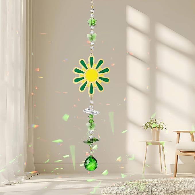 Crystal Sun Catcher Green Flower Suncatchers Crystal Rainbow Maker Ornament for Windows Hanging Healing Crystals Gift for Wife Mom