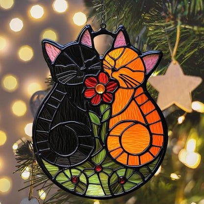 Cute Loving Couple Cats Acrylic Suncatcher Stained Glass Effect Window Car Hanging Christmas Ornament Indoor Outdoor Decor Garden Sun Catcher Panel Gifts for Cat Lover for Women Mom Grandma