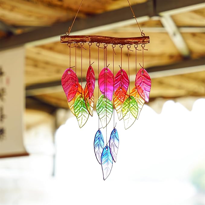 Glass Wind Chimes Suncatcher for Outside,23" Colorful Glass Leaf Wind Chimes Outdoor,Crystal Hanging Wind Chime for Home,Garden,Patio and Yard Decor