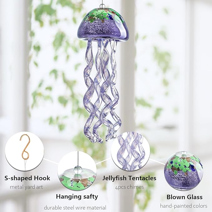 H&D HYALINE & DORA Purple Blown Glass Jellyfish Wind Chime Sea Glass Wind Chimes for Outside Jellyfish Wind Chimes Outdoor Sea Glass Decor for Patio Garden Balcony Porch(14in)