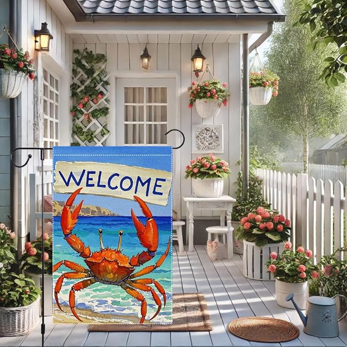 Welcome Crab Garden Flag 12x18 Inch Vertical Double Sided Small Burlap Patio Lawn Holiday Yard Outdoor Decor Outside Decorations