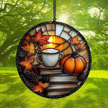 Pumpkin Spices Books Acrylic Suncatcher Stained Glass Effect Window Car Hanging Christmas Ornament Indoor Outdoor Decor Garden Sun Catcher Panel for Book Lover for Women Mom Grandma