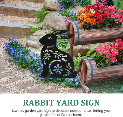 POPETPOP Metal Rabbit Garden Stake Outdoor Decorative Lawn Sculpture Hollow Bunny Silhouette for Patio Yard Pathway 11.61 Inch